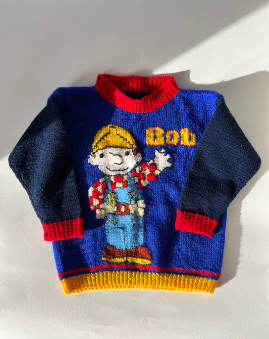 Kids Vintage Bob The Builder Hand Knitted Jumper Age 5 Years